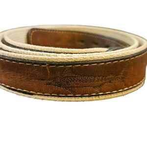 REEF RIDERS Brown Leather & Canvas Belt TOOLED EMBOSSED Marlin Brass Buckle 42